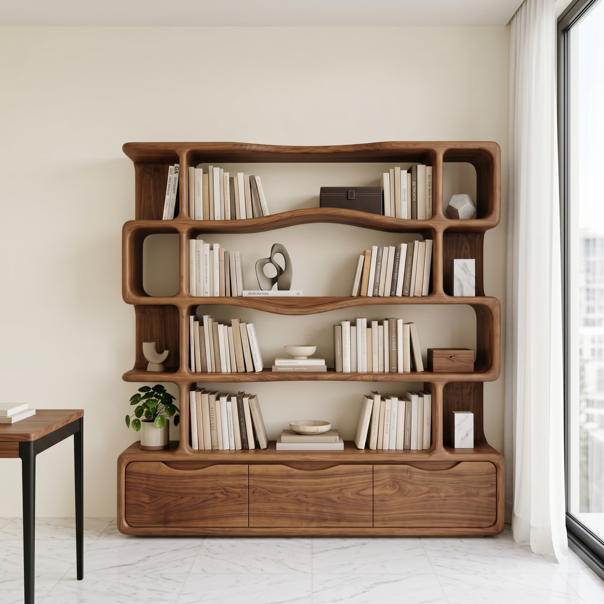 Solid Wood Bookshelf with Wavy Open Shelves and Storage Drawers