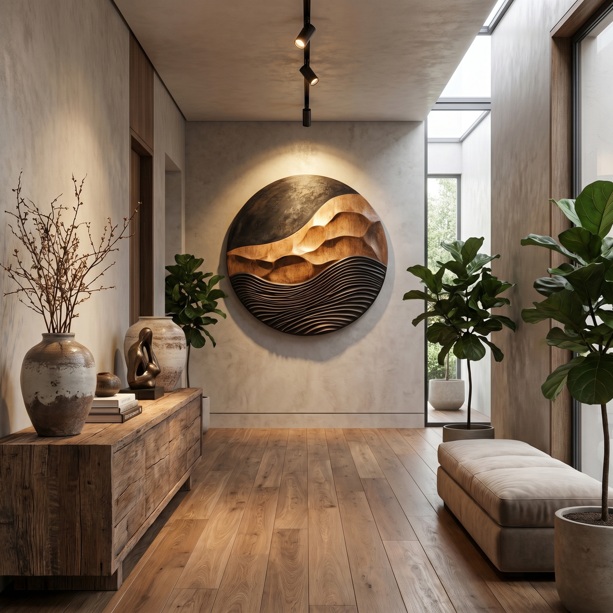 Solid Wood Round Wall Art with Carved Mountain Relief and Layered Wave Texture