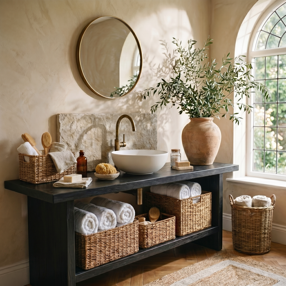 Rustic Solid Wood Bathroom Vanity with Open Shelf Storage