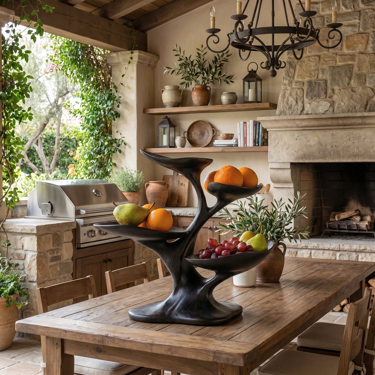 Solid Wood Four-Tier Fruit Bowl Sculpture with Organic Branch Stand