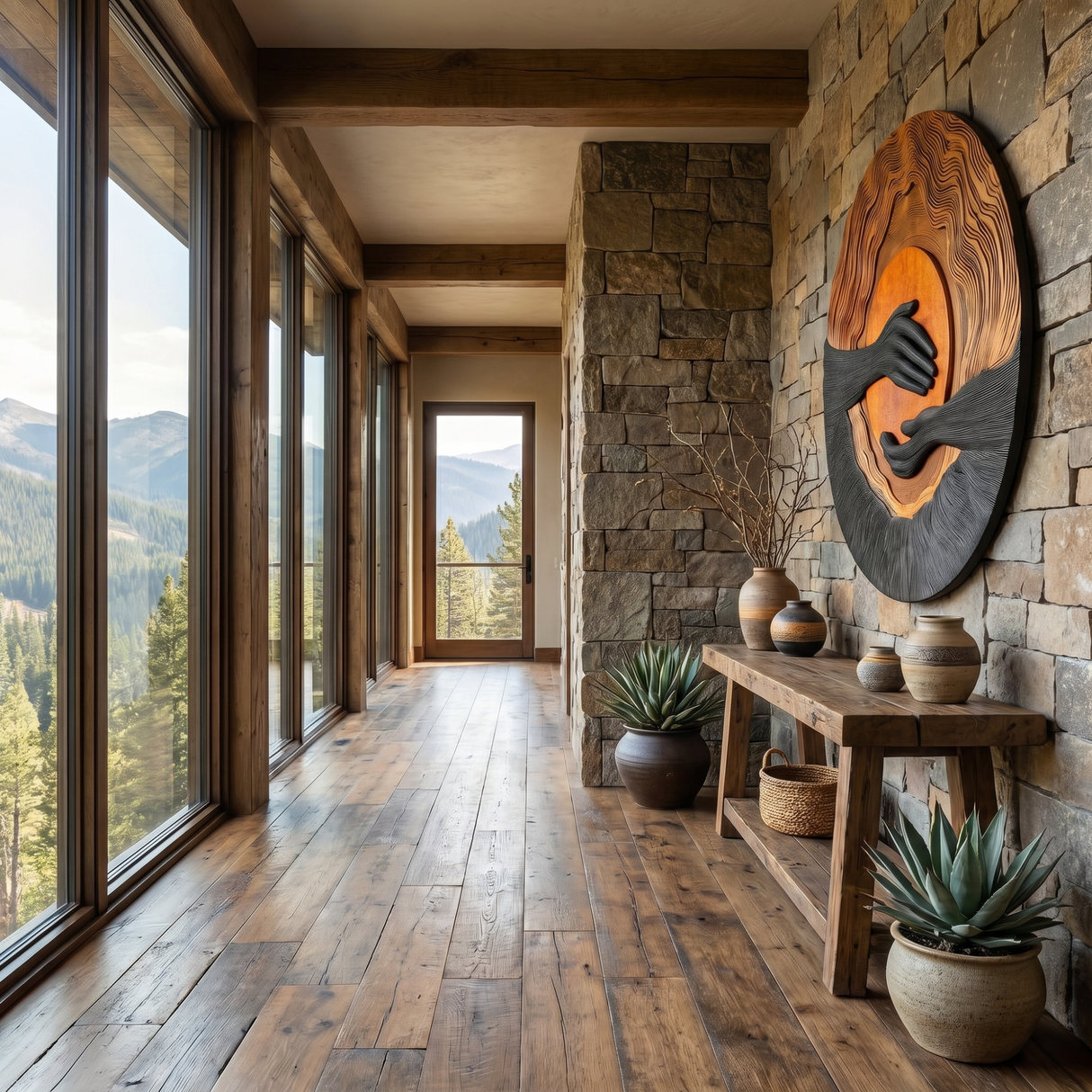 Solid Wood Wall Sculpture with Layered Sunset Relief and Reaching Hand Design