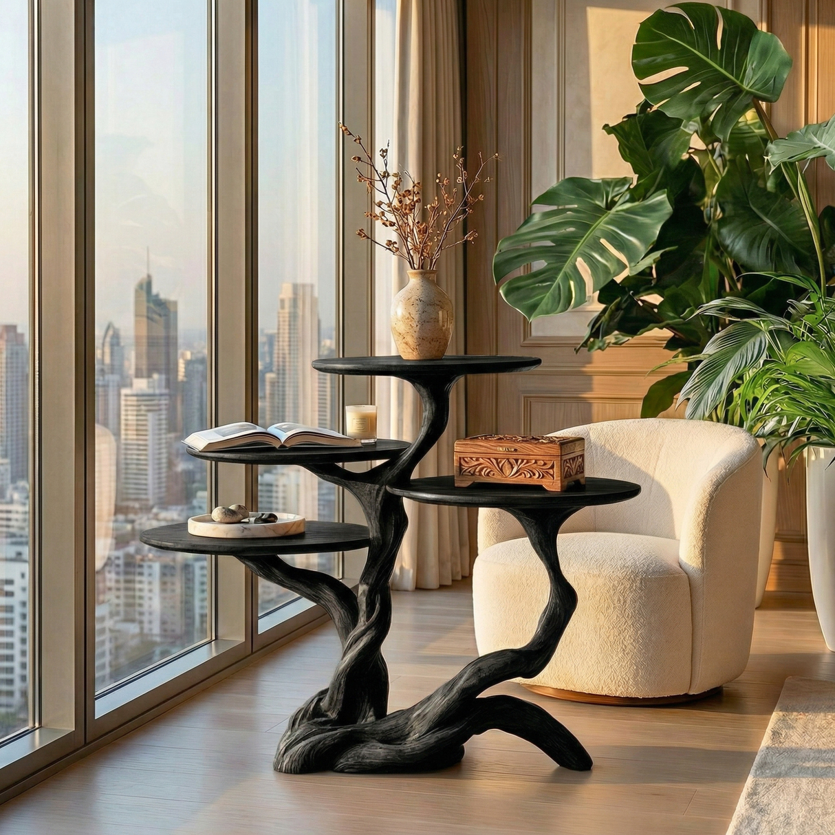 Bonsai Branch Four Tier Wood Display Table with Sculpted Organic Base
