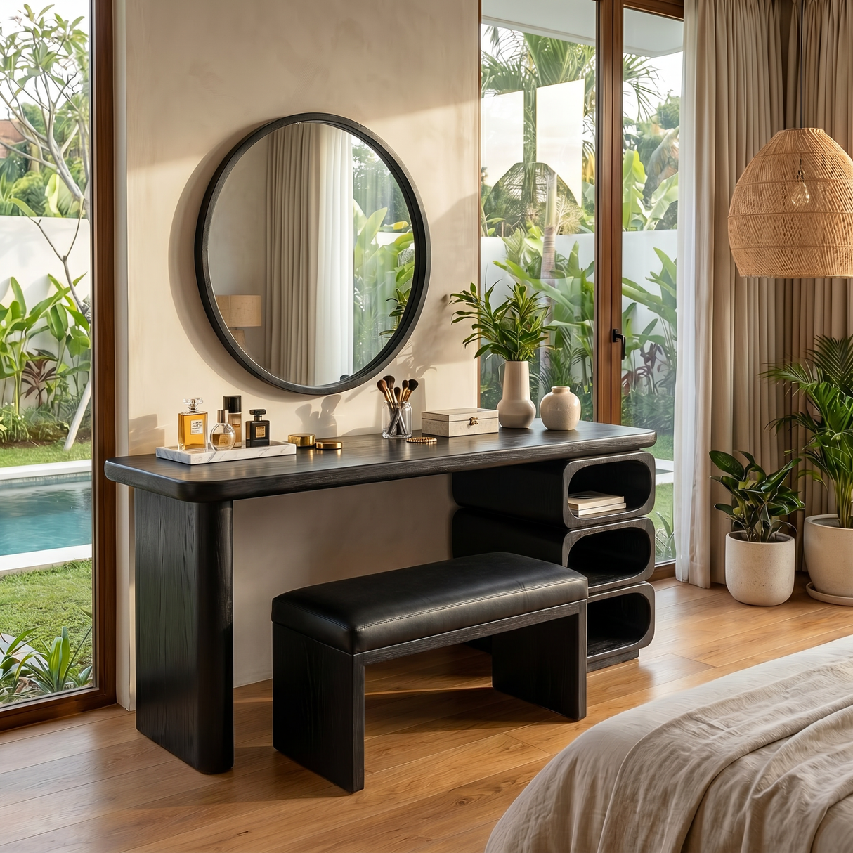 Solid Wood Vanity Table with Rounded Open Shelf Storage and Panel Leg