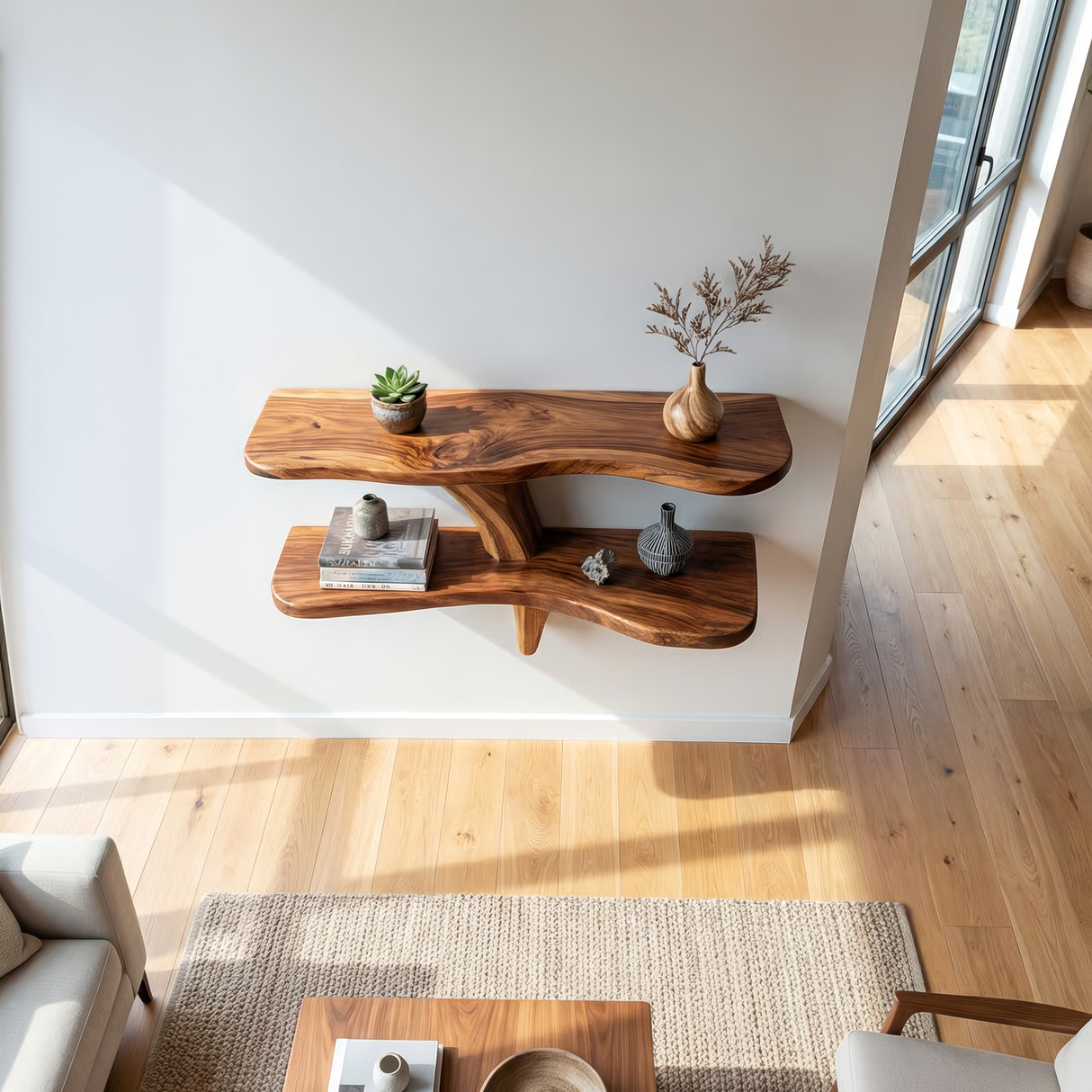 Handcrafted Solid Wood T-Shape Floating Wall Shelf