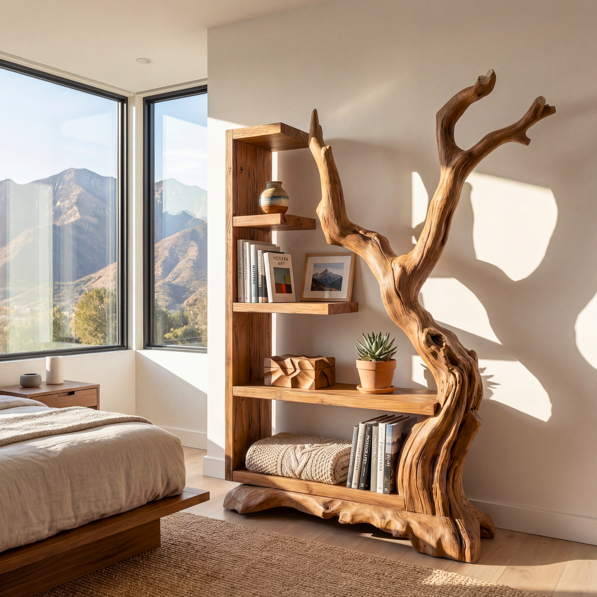 Tall Solid Wood Bookshelf with Sculptural Tree Form Organic Modern Display Shelf