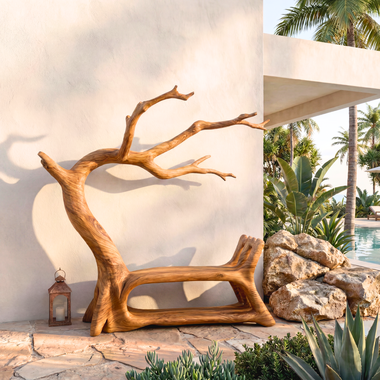 Handmade Tree Branch Wooden Bench Sculpture