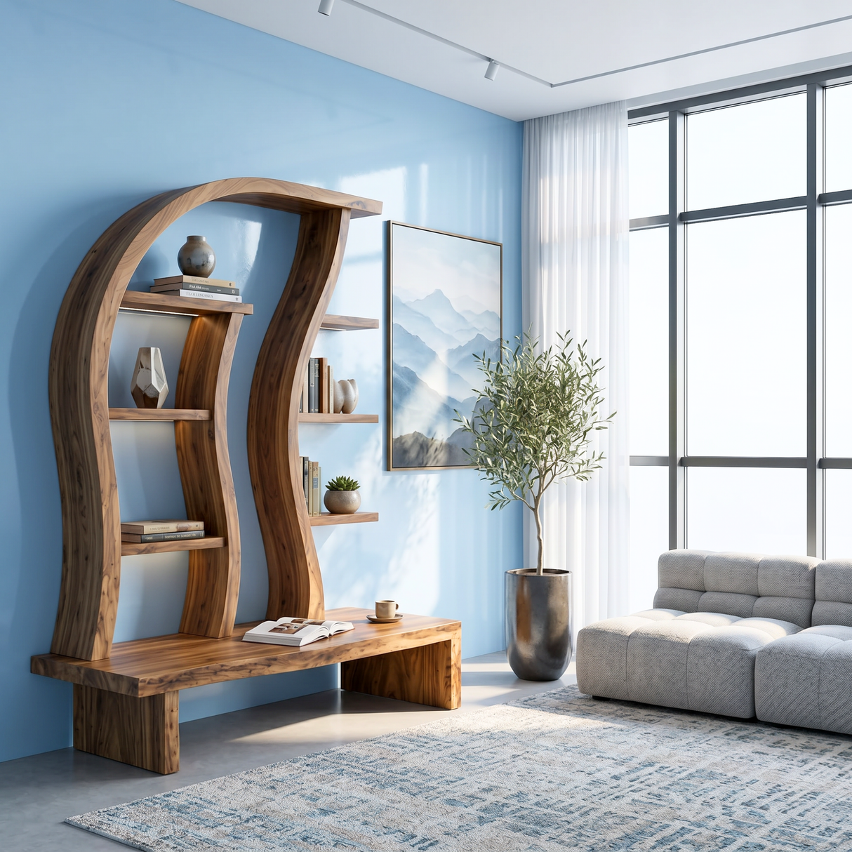 Organic Solid Wood Display Shelf with Curved Frame and Console Base