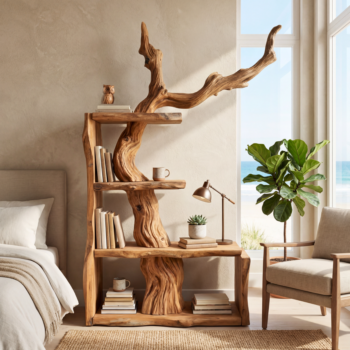Sculptural Solid Wood Bookshelf with Tree Branch Form Organic Modern