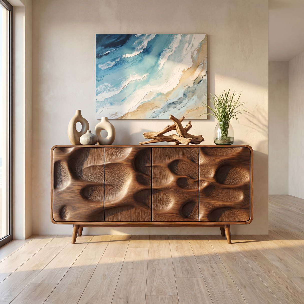 Organic Carved Front Solid Wood Sideboard Cabinet for Living and Dining Rooms