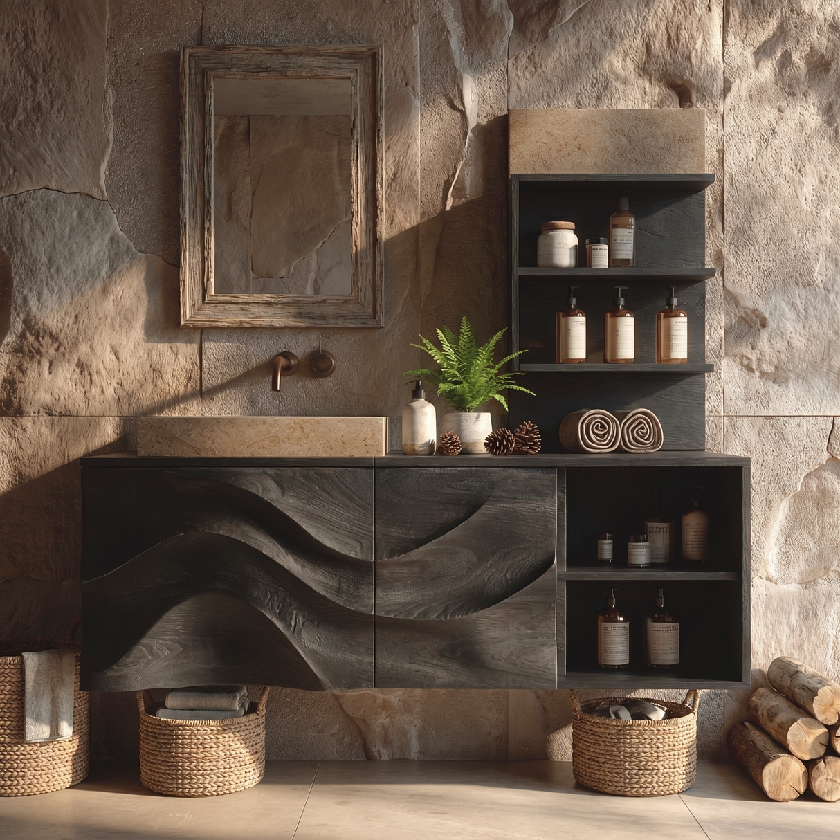 Sculptural Solid Wood Bathroom Vanity Cabinet with Carved Wave Front