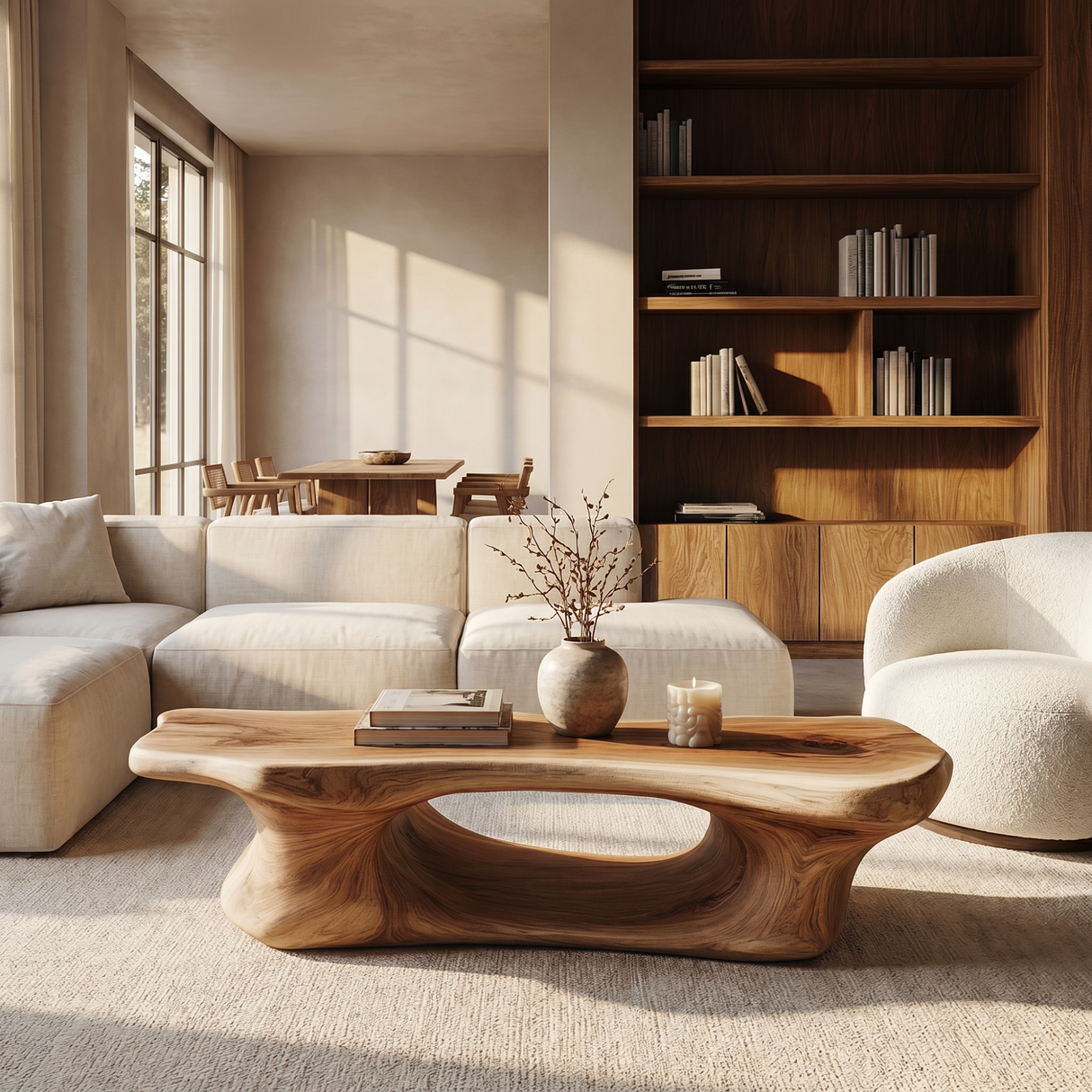 Coffee Table Solid Wood with Long Arched Hollow Base for Living Room