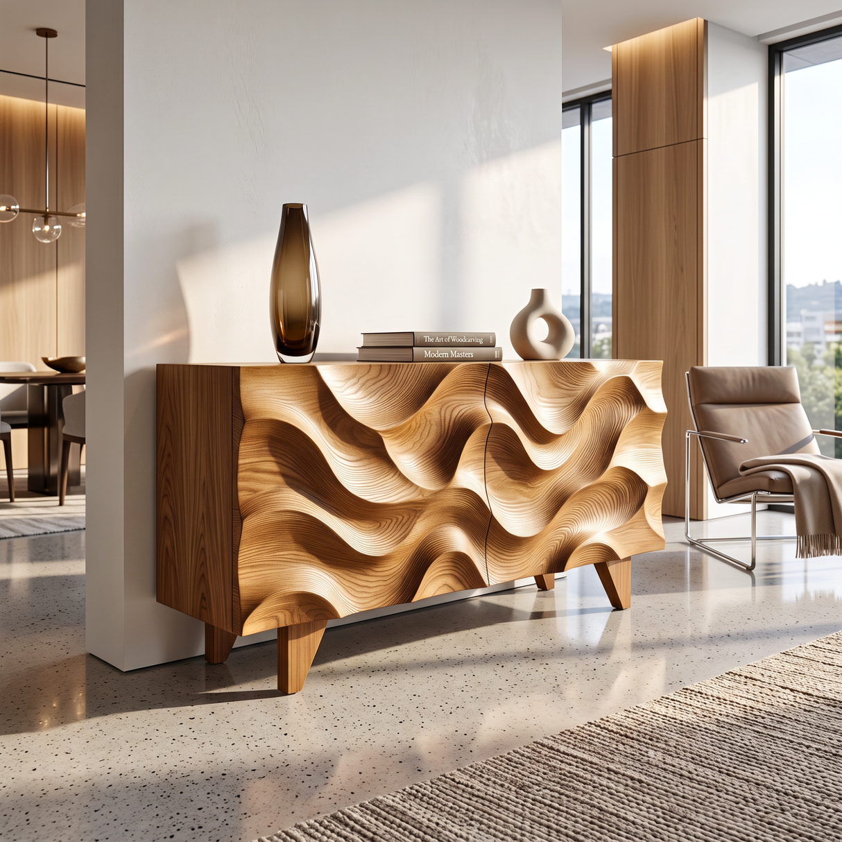 Sideboard Solid Wood with Sculptural Wave Carved Doors for Living Room Decor