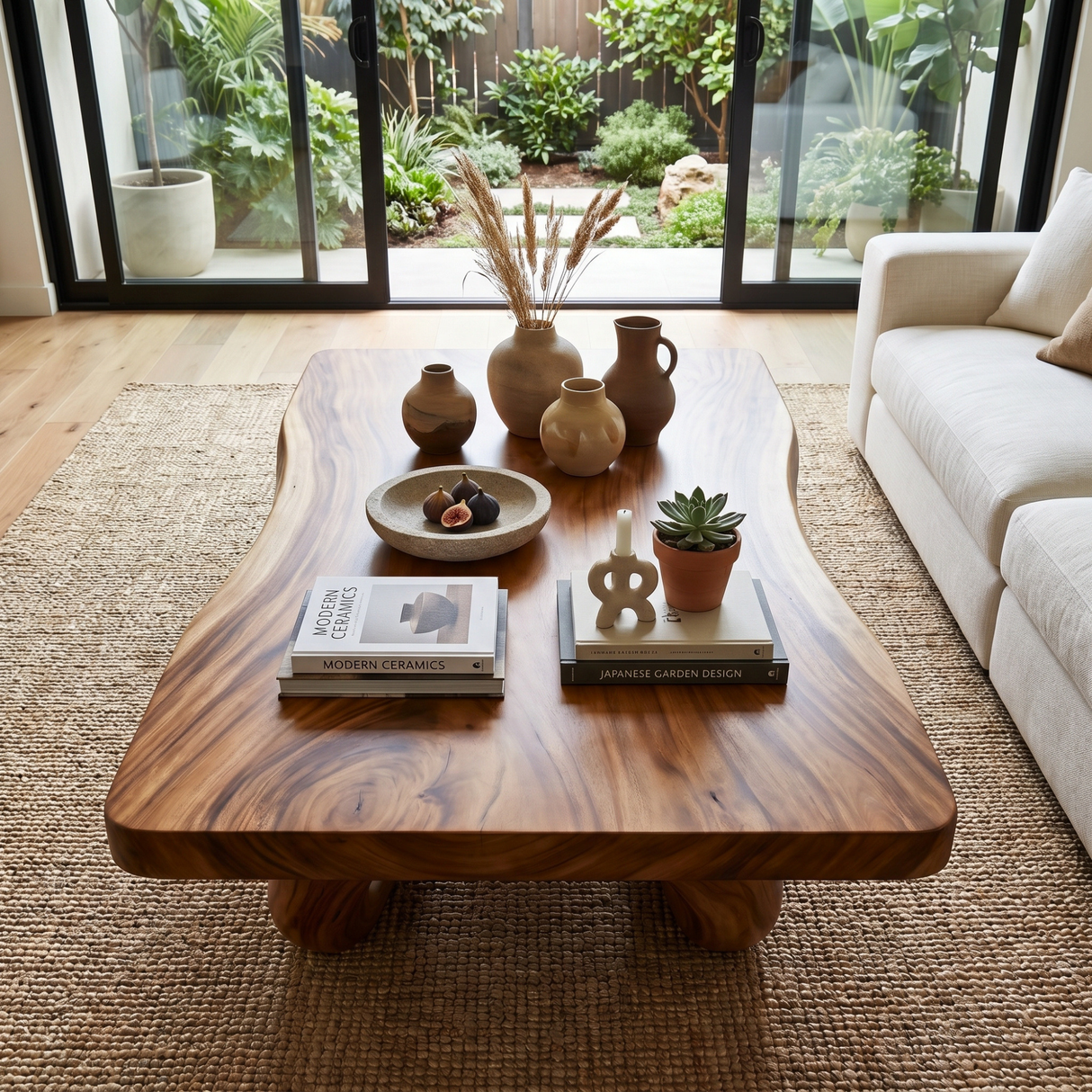 Solid Wood Coffee Table with Ribbon-Like Sculptural Base