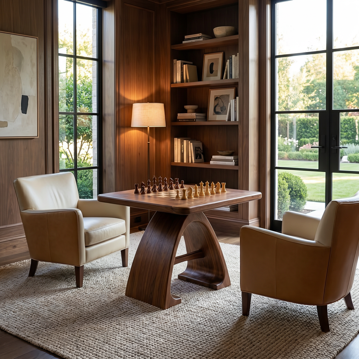 Handcrafted Solid Wood Chess Table with Arched Sculptural Pedestal Base