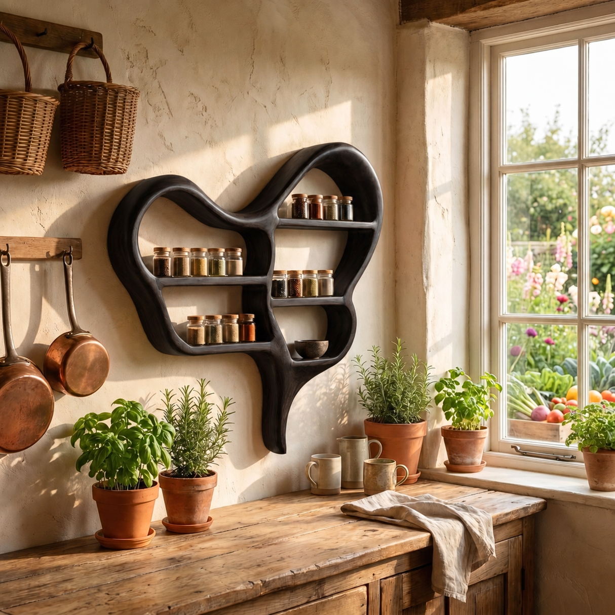 Organic Solid Wood Wall Spice Rack with Sculptural Open Shelf Design
