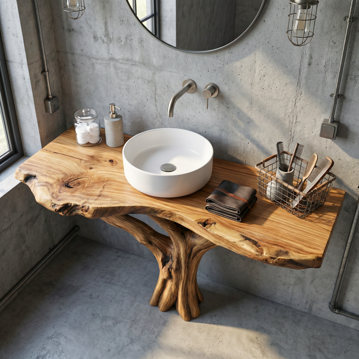 Handcrafted Solid Wood Bathroom Vanity with Sculptural Root Base