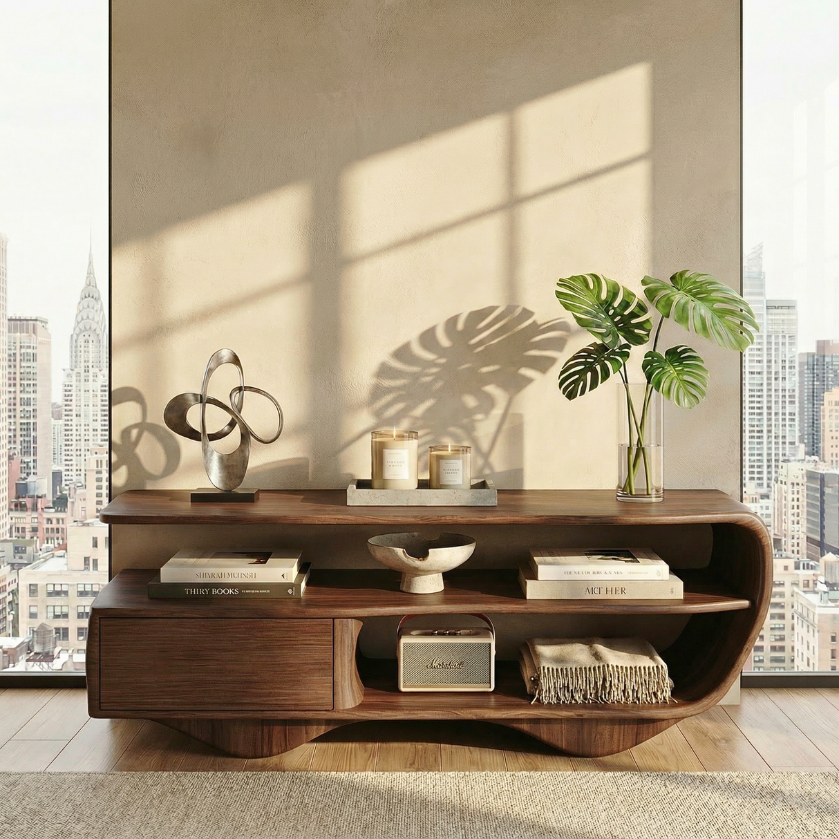 Sculptural Solid Wood Sideboard with Open Shelving and Drawer