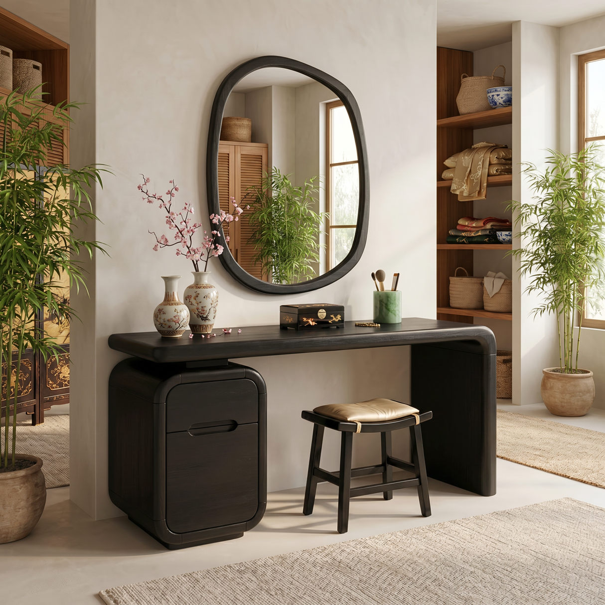 Solid Wood Vanity Desk with Rounded Drawer Pedestal and Waterfall Side