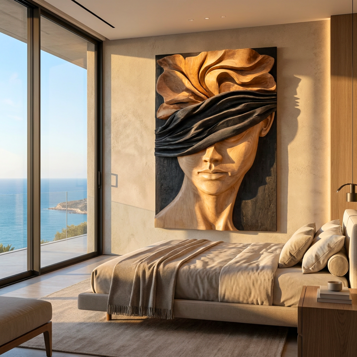 Silent Bloom Wooden Relief Portrait Sculpture Wall Art