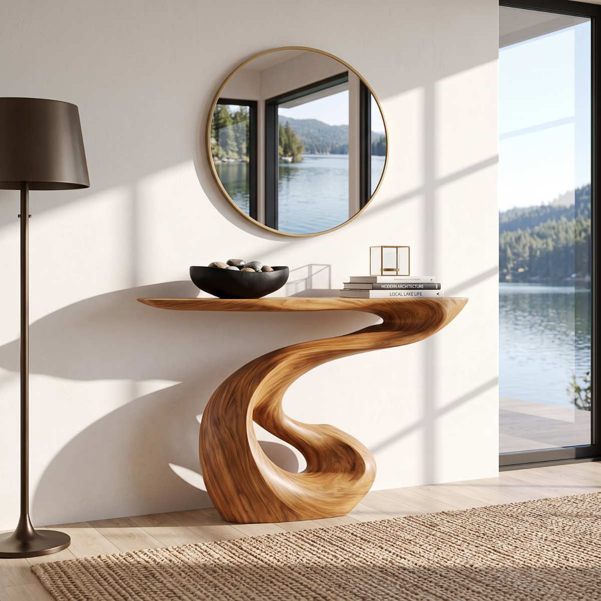 Organic Solid Wood Console Table with Sculptural S-Curve Base