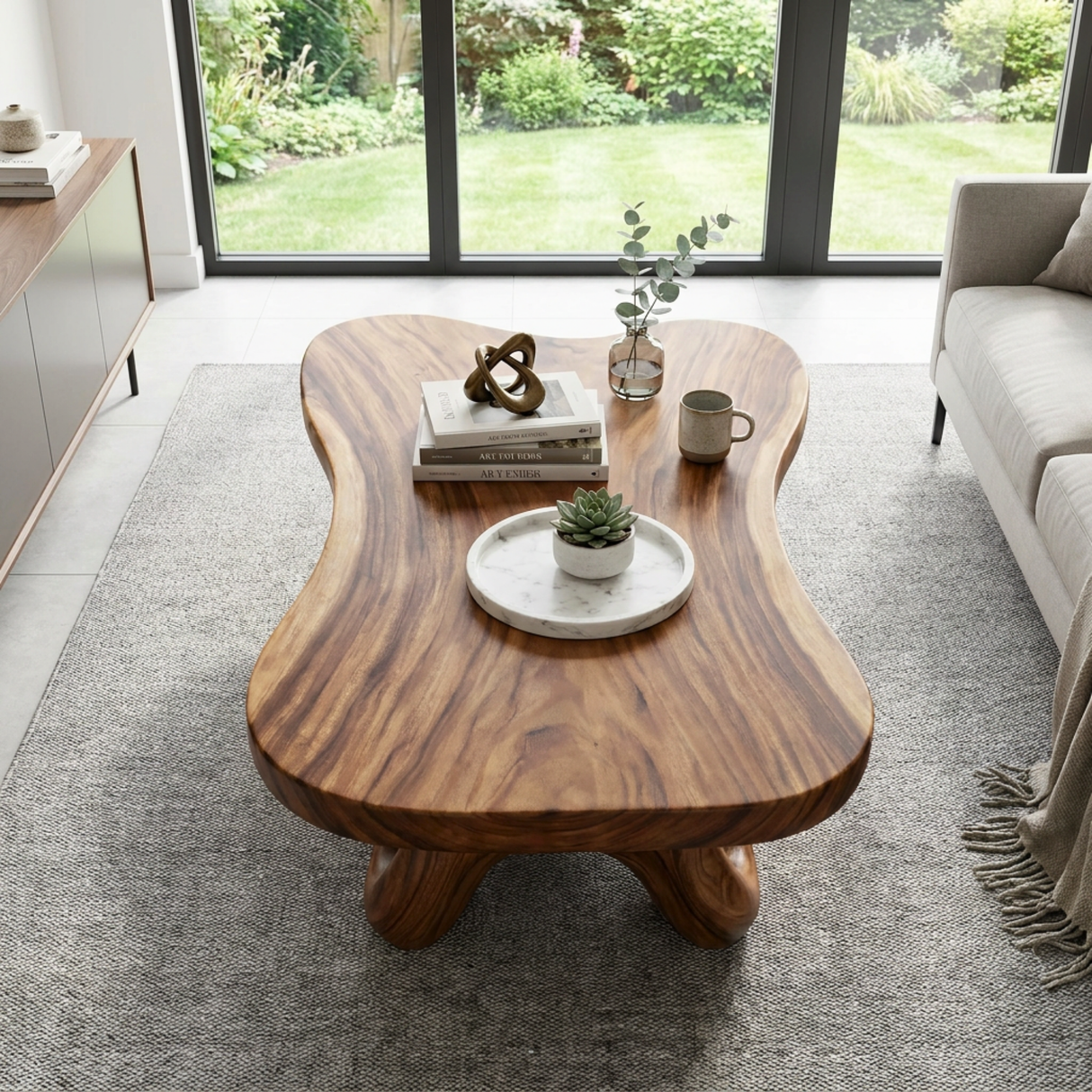 Handmade Solid Wood Coffee Table with Root-Like Sculptural Base