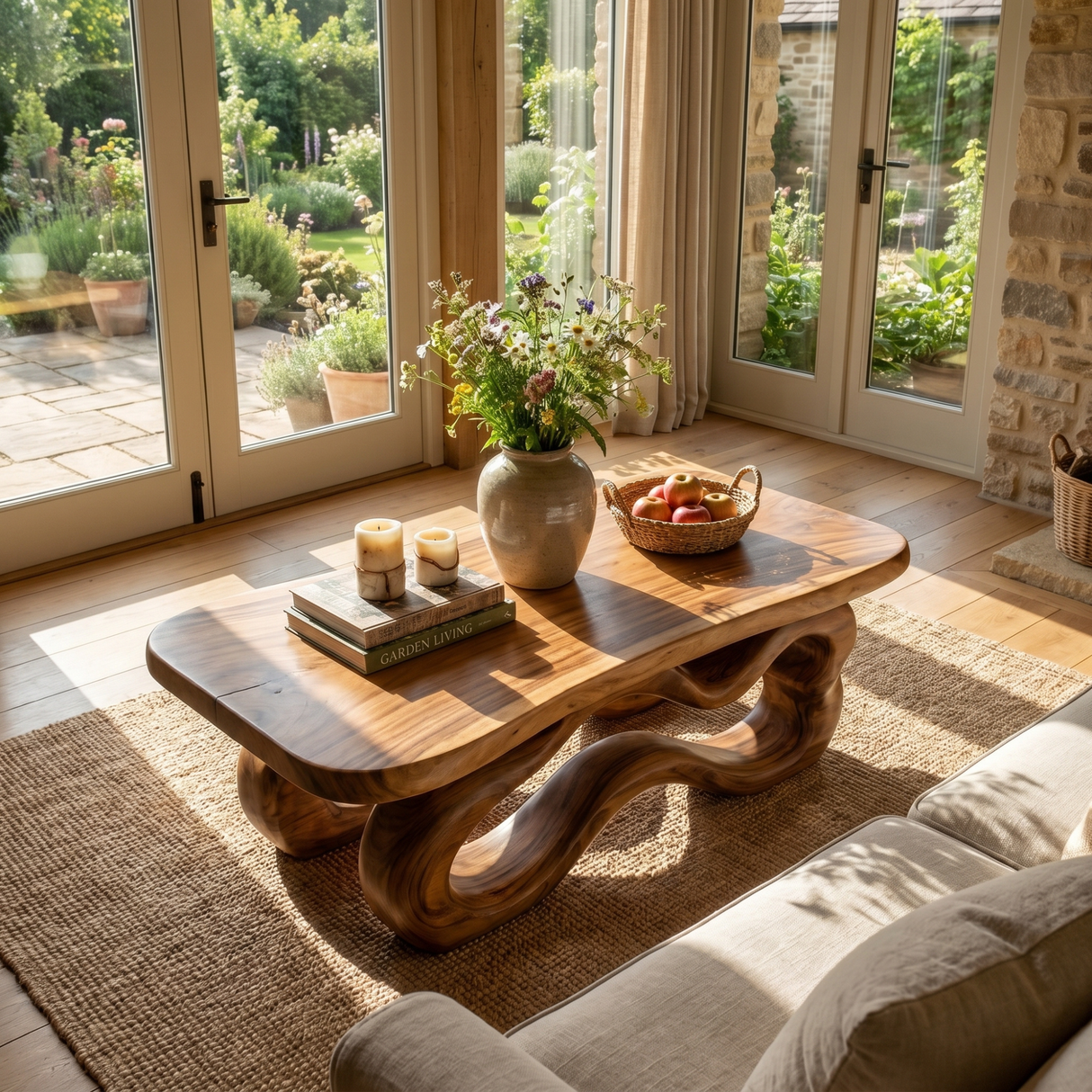 Artisan Solid Wood Coffee Table with Fluid Loop Base and Soft Edge Slab Top