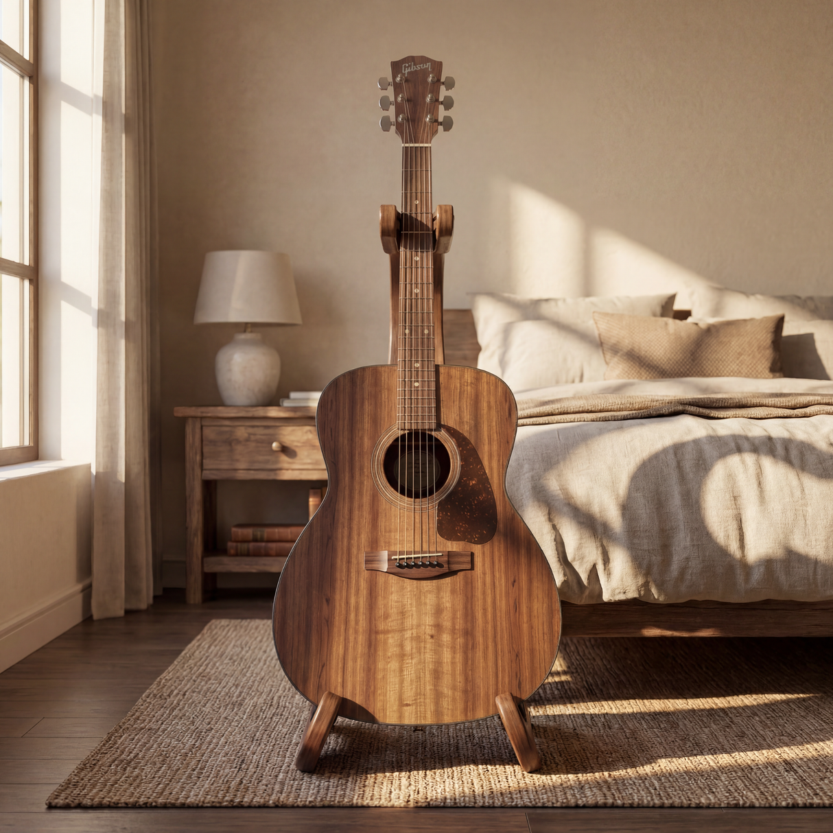 Sculptural Wooden Guitar Stand Modern Acoustic Display Holder