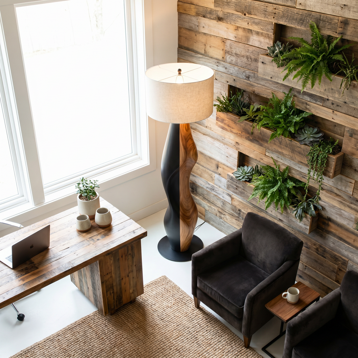 Sculptural Wood Floor Lamp with Organic Two-Tone Base and Fabric Drum Shade