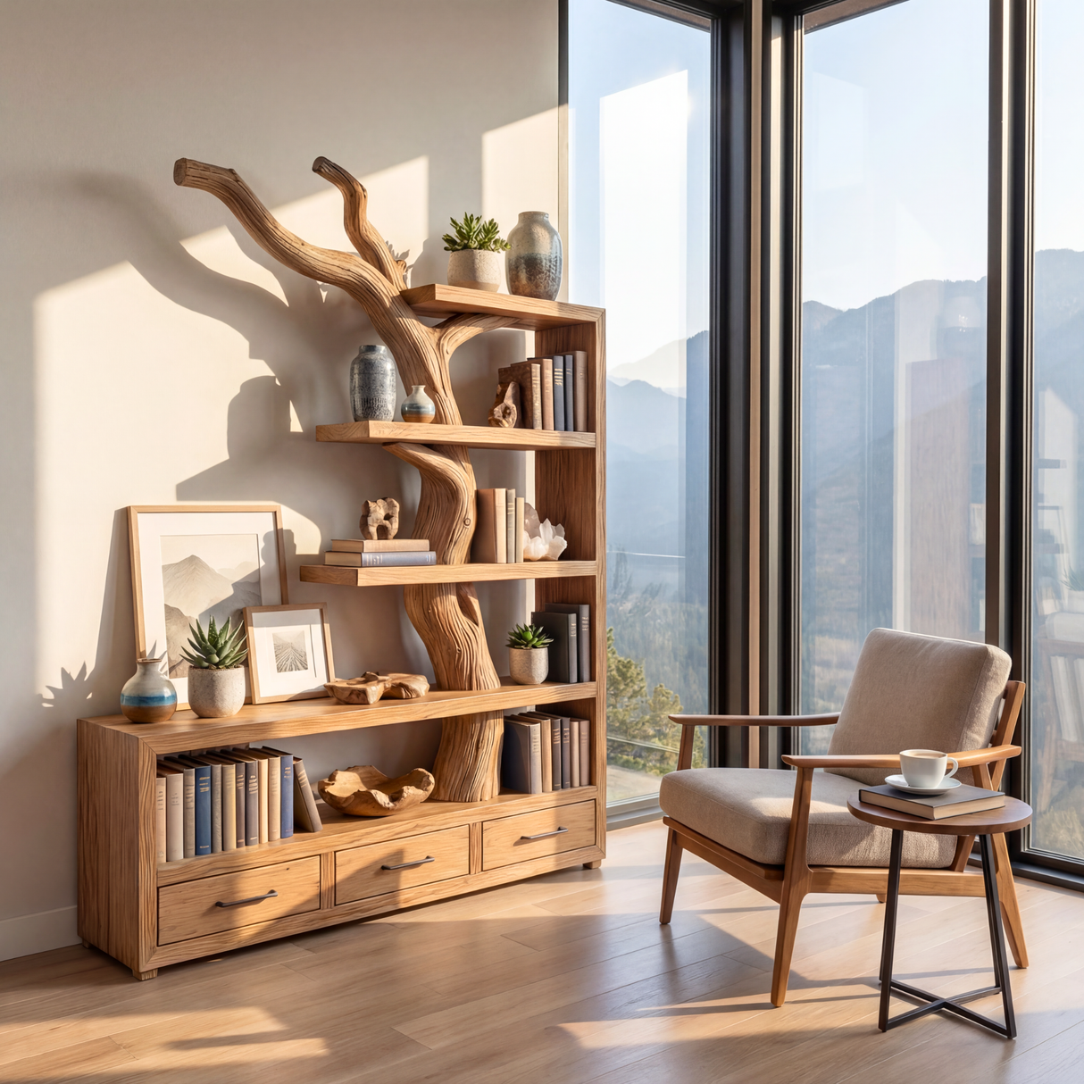 Solid Wood Bookshelf with Tree Trunk Form and Storage Drawers Organic Modern Display Shelf Unit