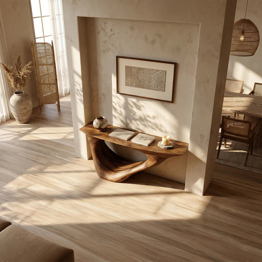Organic Sculpted Solid Wood Console Table with Architectural Base