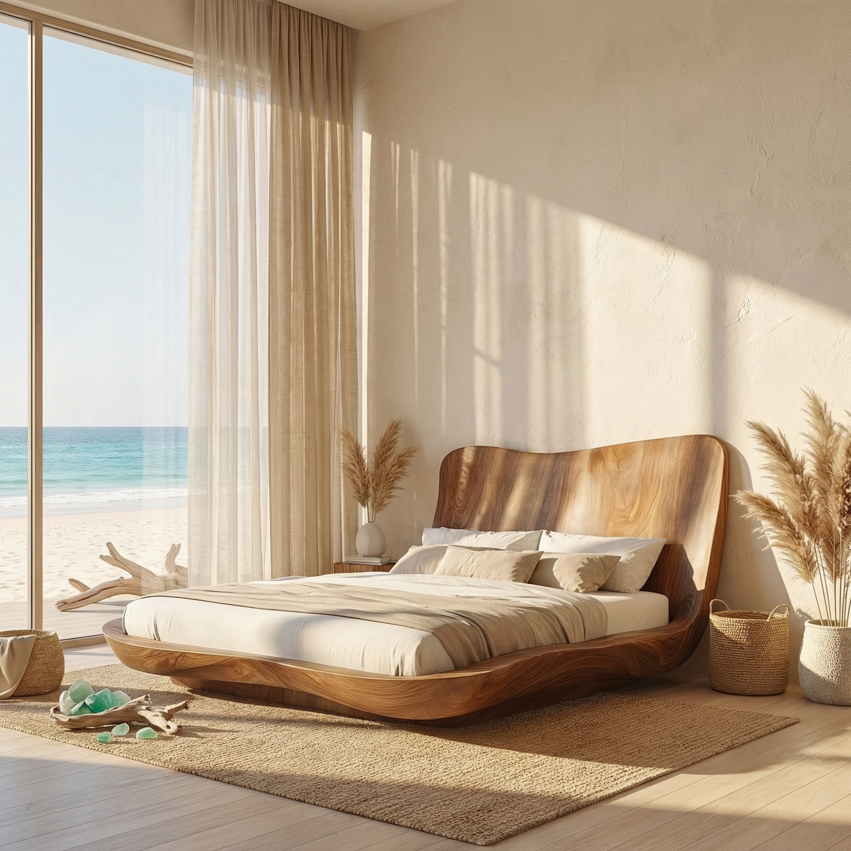 Wraparound Solid Wood Platform Bed with Sculpted Headboard