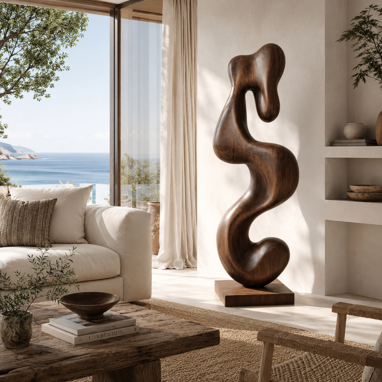 Handcrafted Solid Wood Serpentine Abstract Floor Sculpture