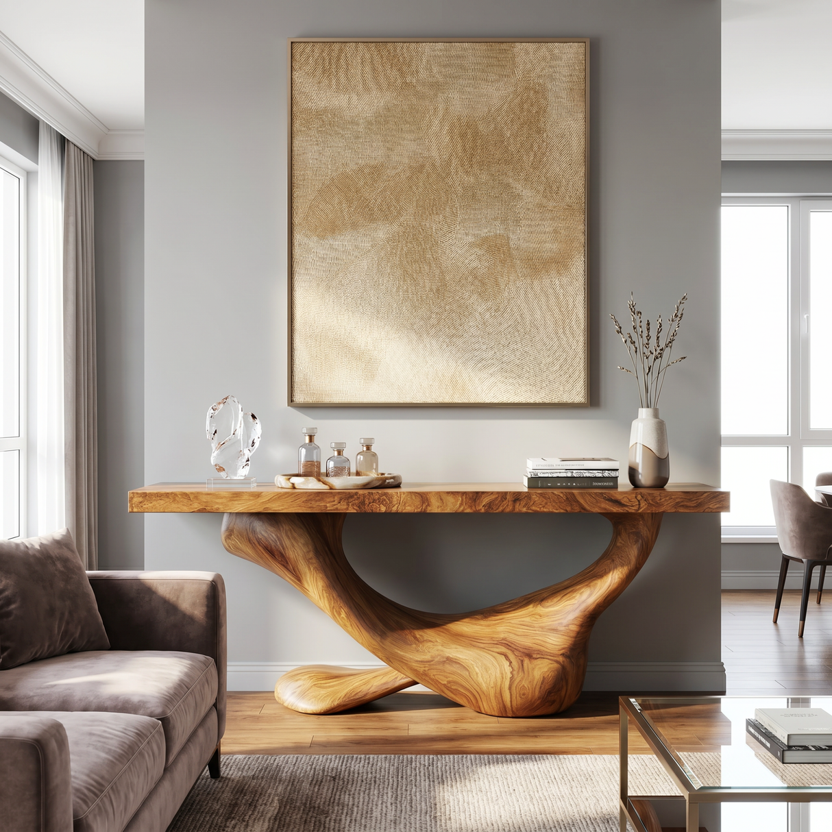 Console Table Solid Wood with Asymmetric Crescent Loop Base for Entryway Decor