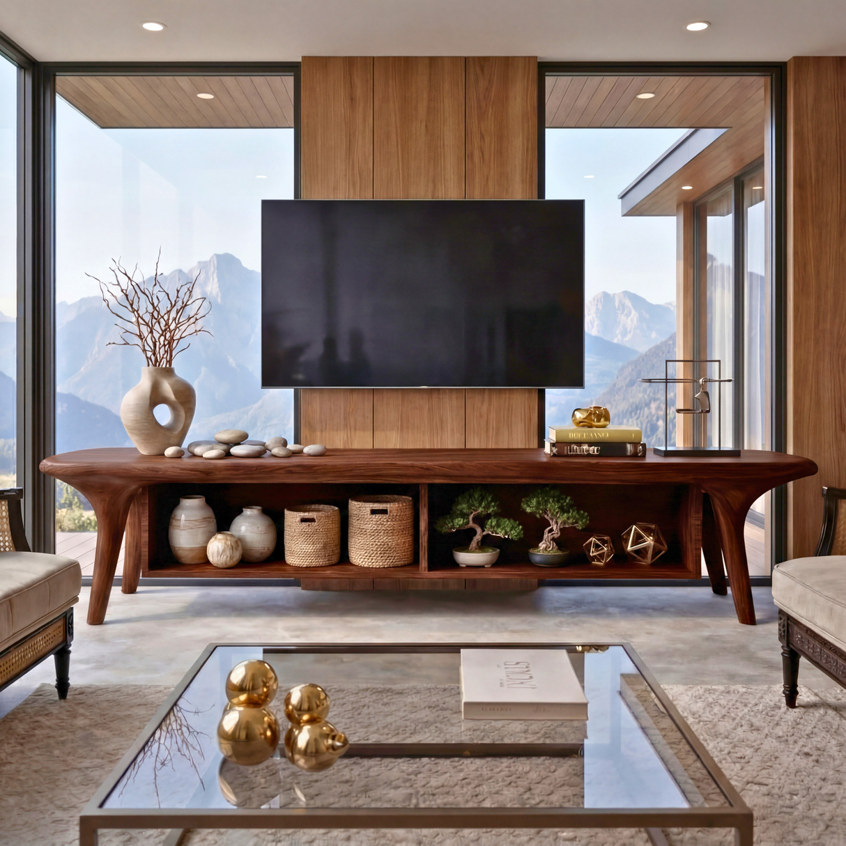 Solid Wood TV Cabinet with Open Shelving, Mediterranean Modern Media Console