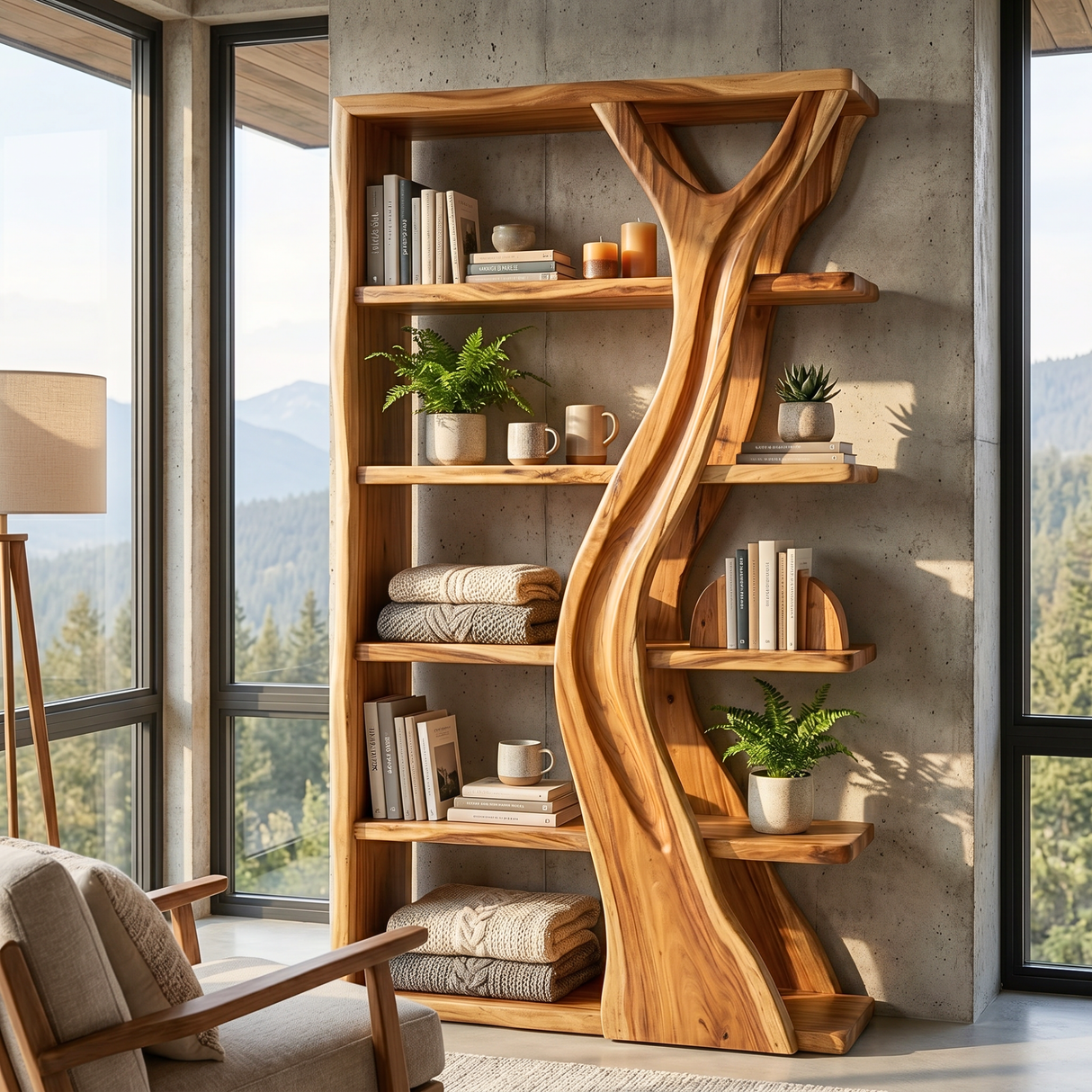 Handcrafted Solid Wood Tree Inspired Bookshelf for Organic Modern Interiors