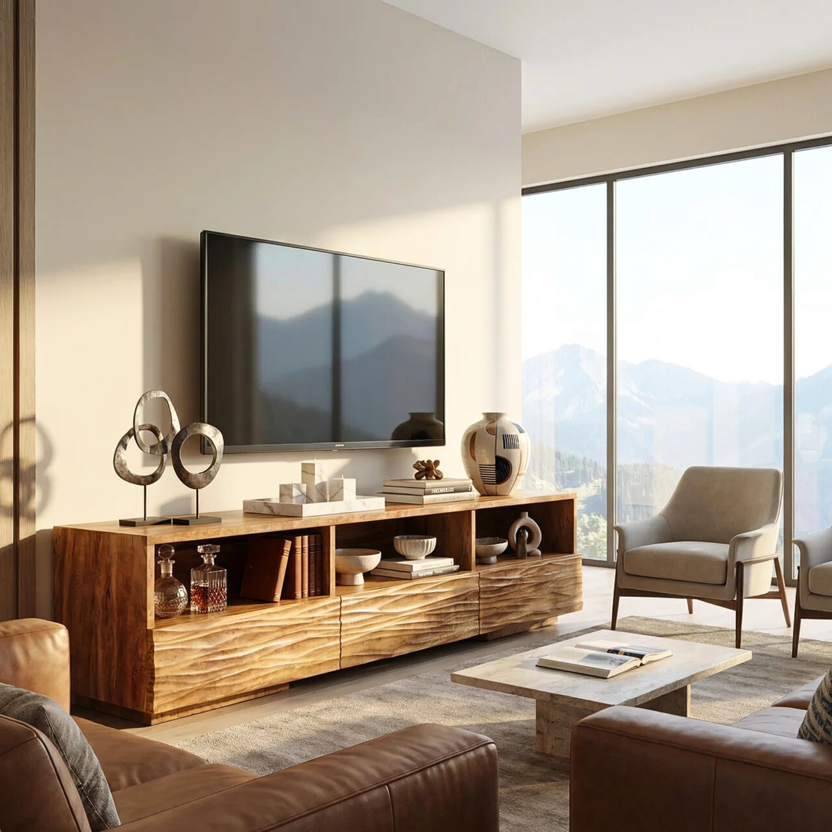Sculptural Wood TV Cabinet with Carved Wave Front for Coastal Modern Interiors