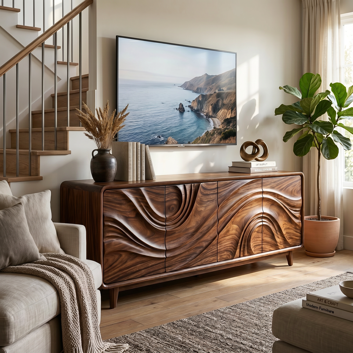 Solid Wood Four Door Media Sideboard with Sculpted Flow Front