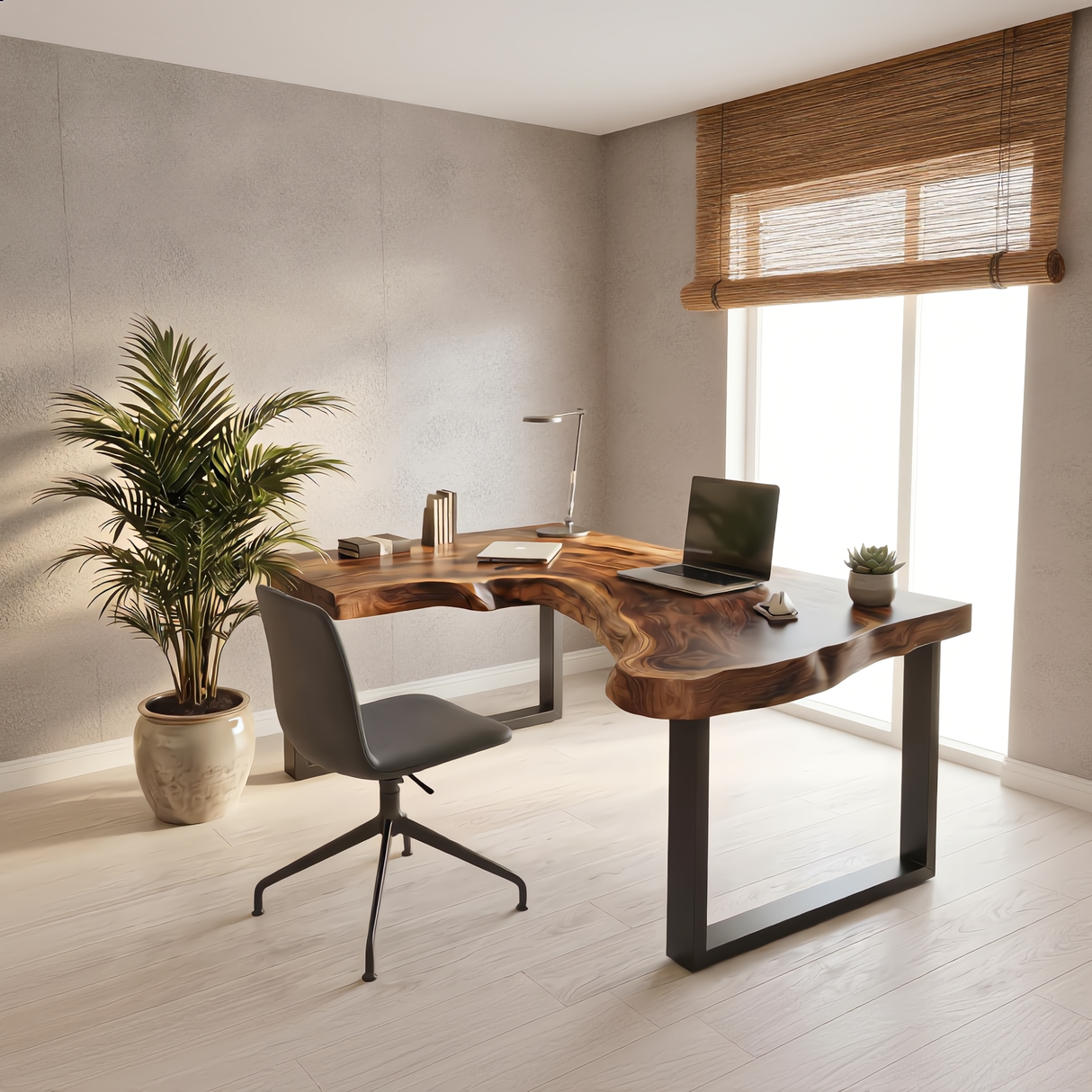 Live Edge L Shaped Solid Wood Desk with Metal Legs