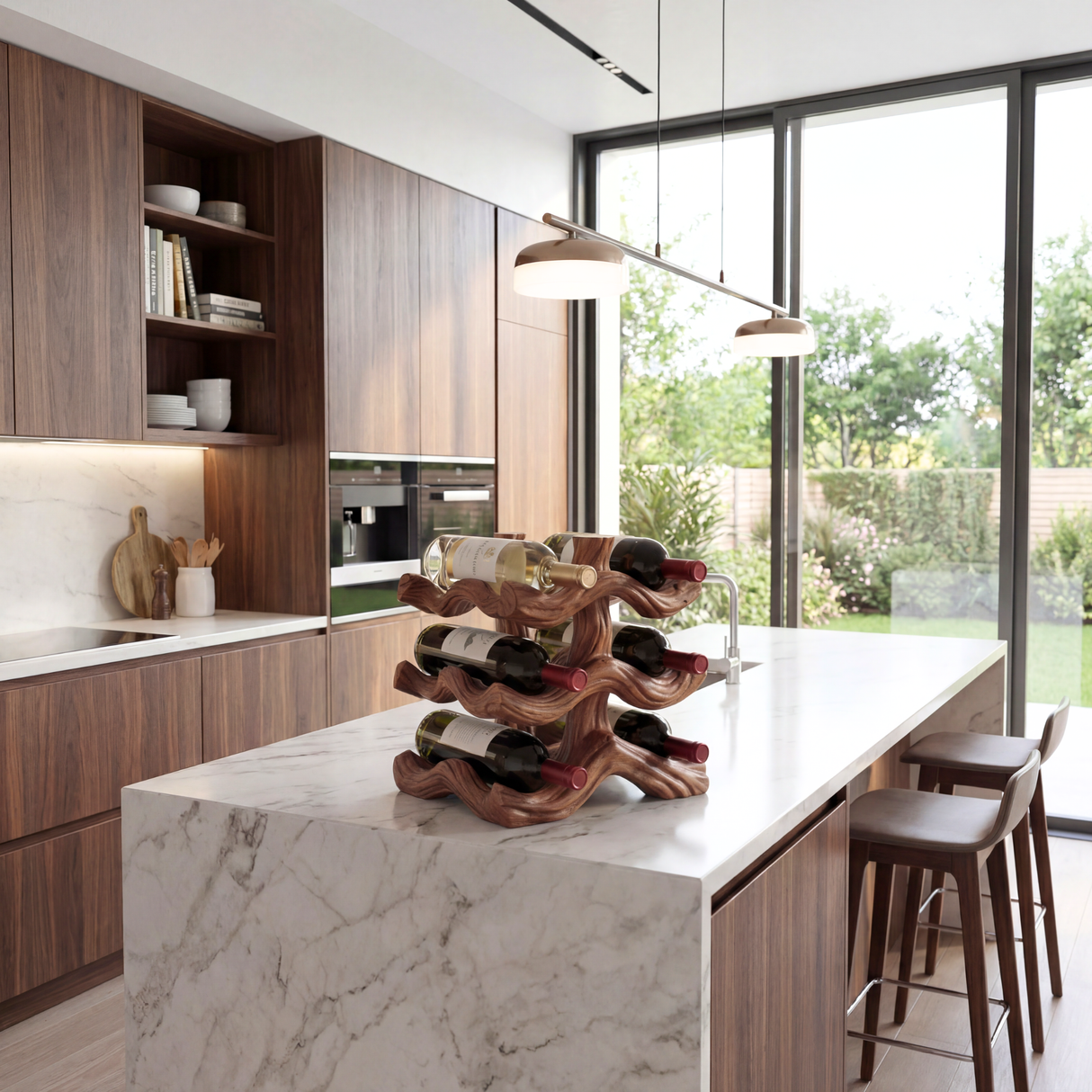 Sculptural Solid Wood Wine Rack with Flowing Wave Form Tiered Bottle Holder Tabletop Storage