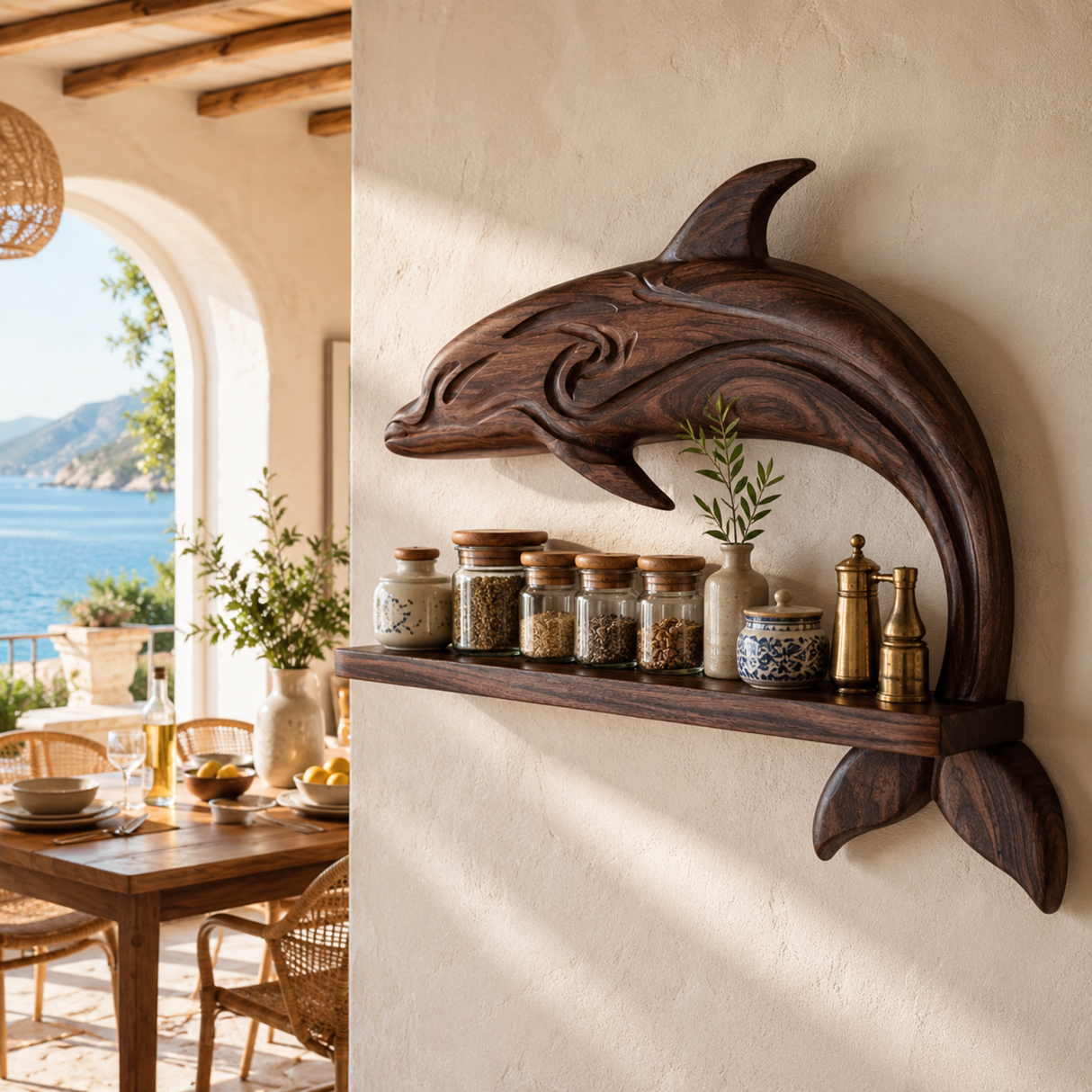 Solid Wood Dolphin Wall Shelf Spice Rack with Long Open Jar Display