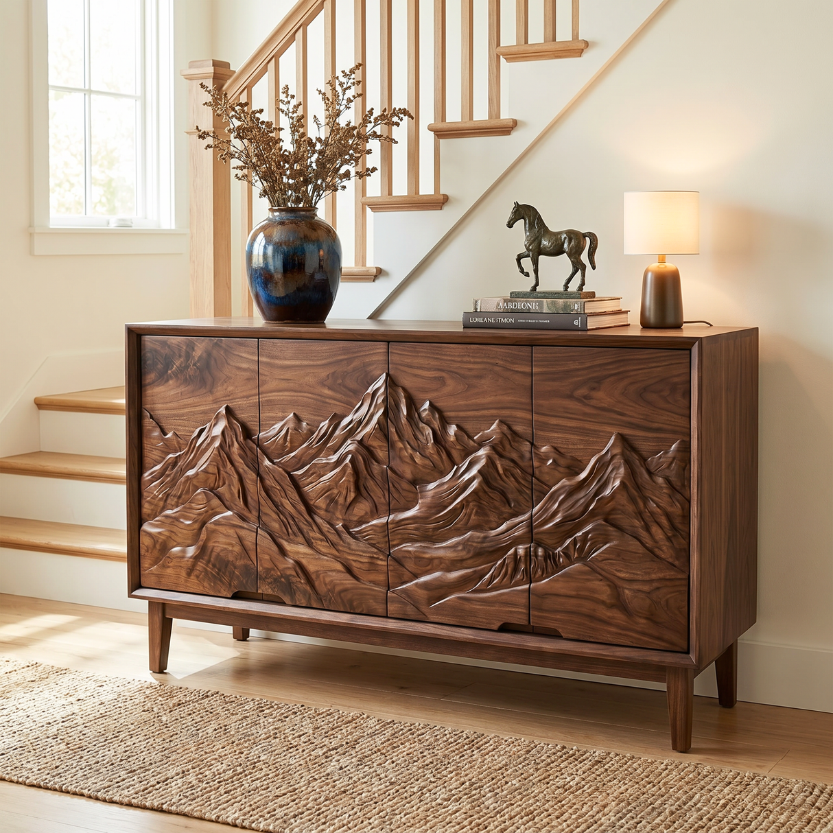 Organic Solid Wood Mountain Relief Sideboard Cabinet