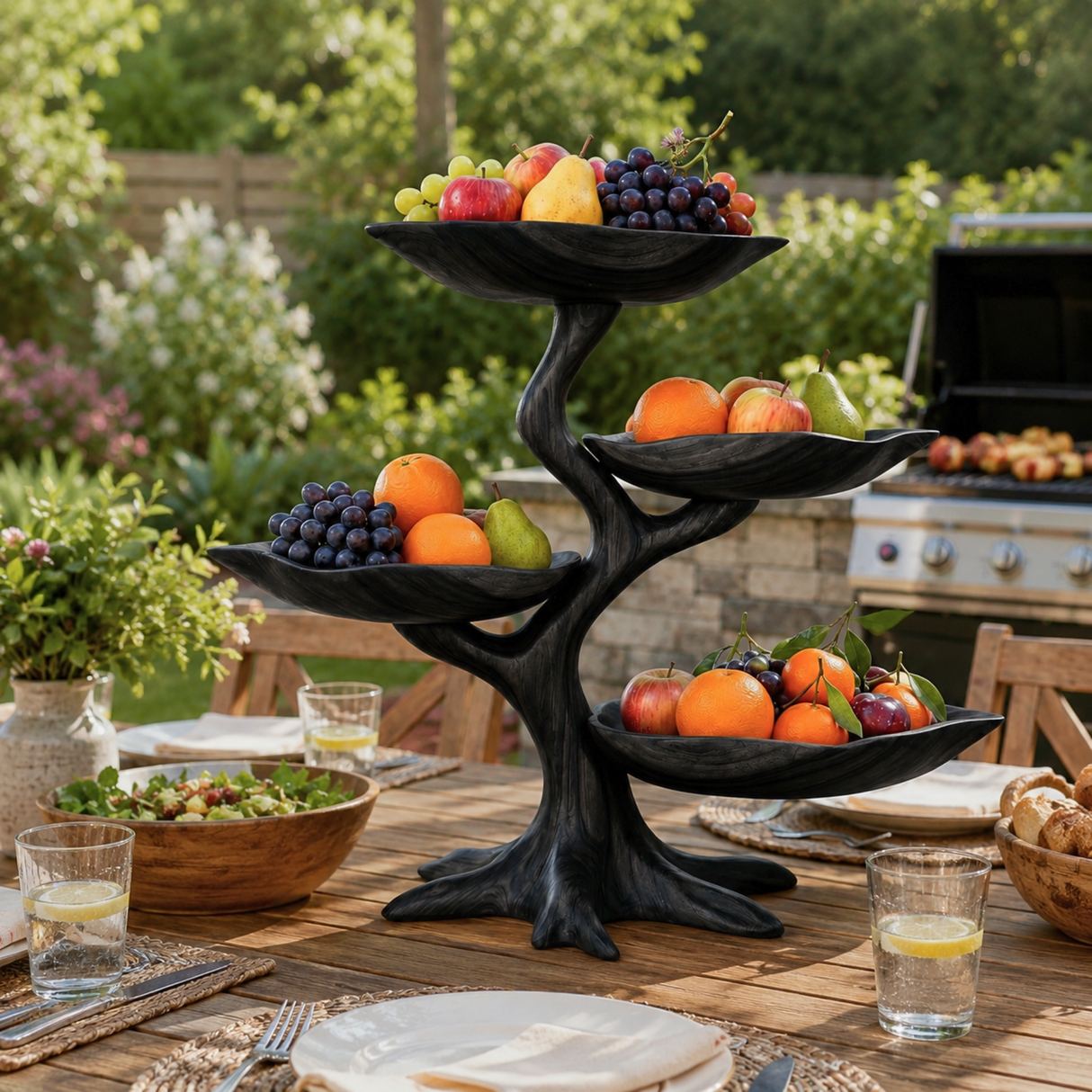 Solid Wood Four-Tier Fruit Display Stand with Sculptural Branch Base and Curved Bowl Trays
