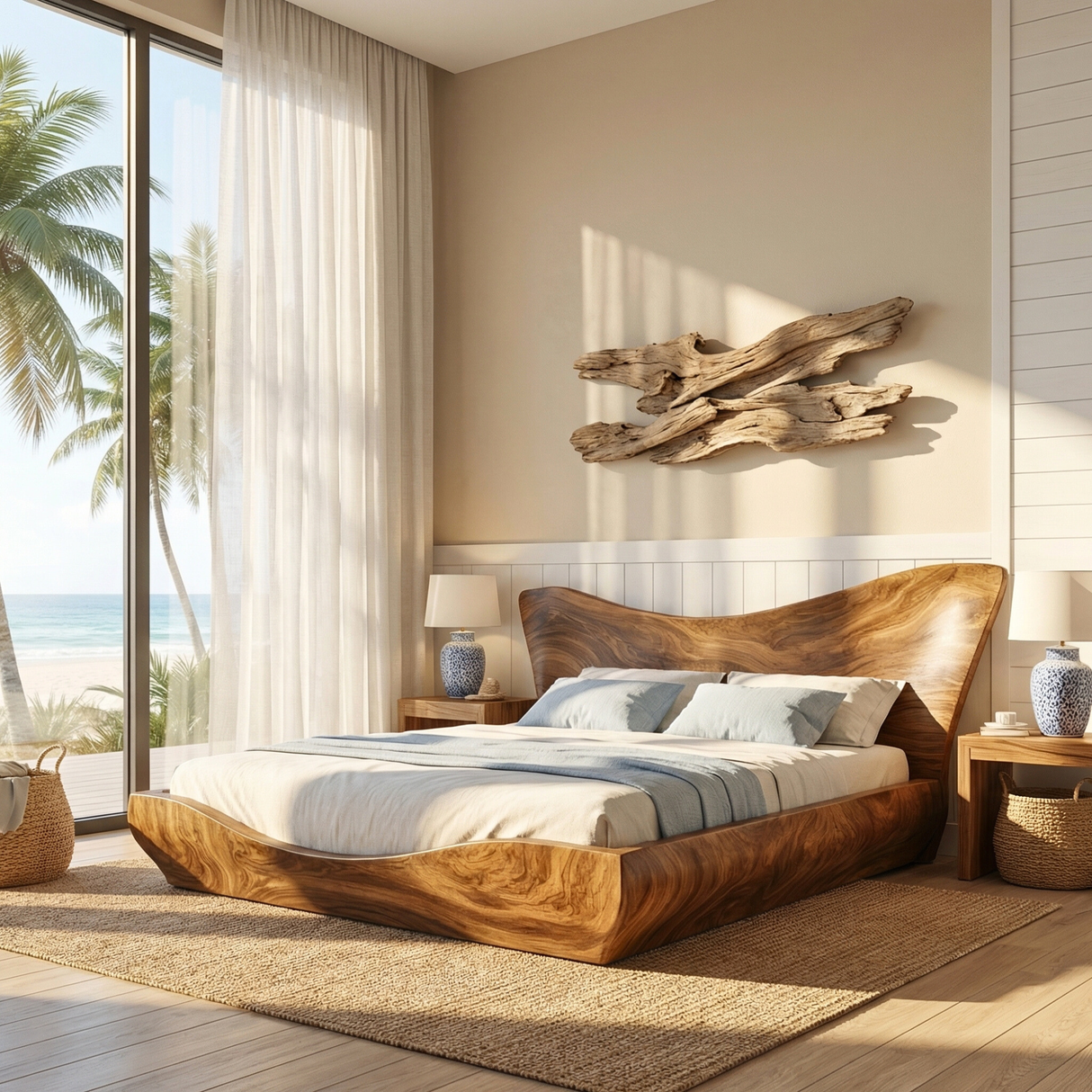 Sculptural Solid Wood Platform Bed with Organic Curved Headboard