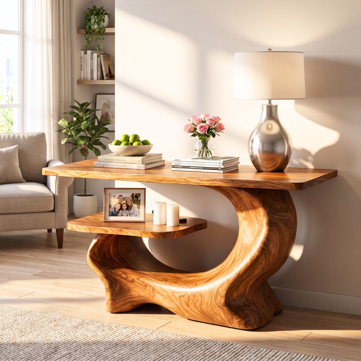 Organic Wooden Console Table Handmade Sculptural Entryway Shelf