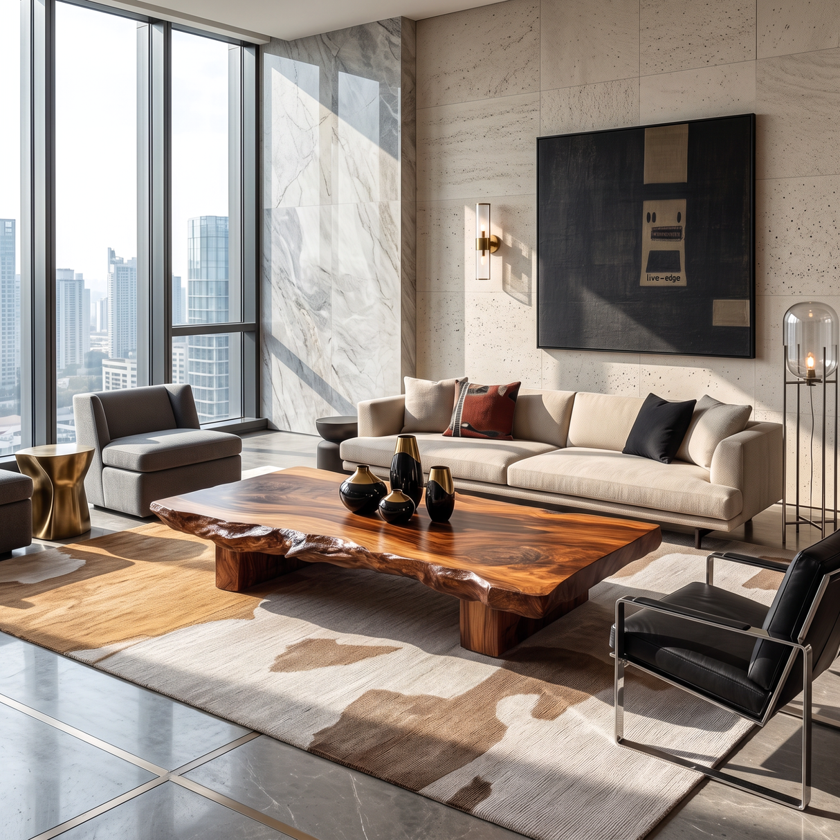 Coffee Table Solid Wood with Thick Live Edge Slab Top for Living Room