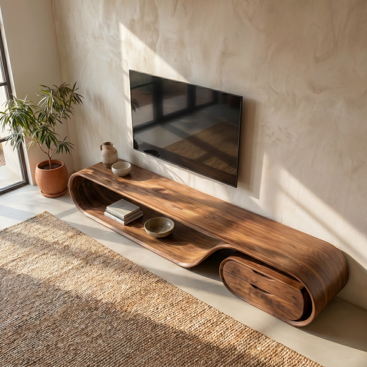 Flowing Organic Solid Wood TV Console with Oval Drawer Cabinet