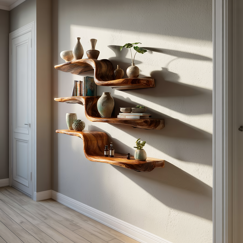 Handcrafted Solid Wood Wave Wall Shelf for Modern Interiors