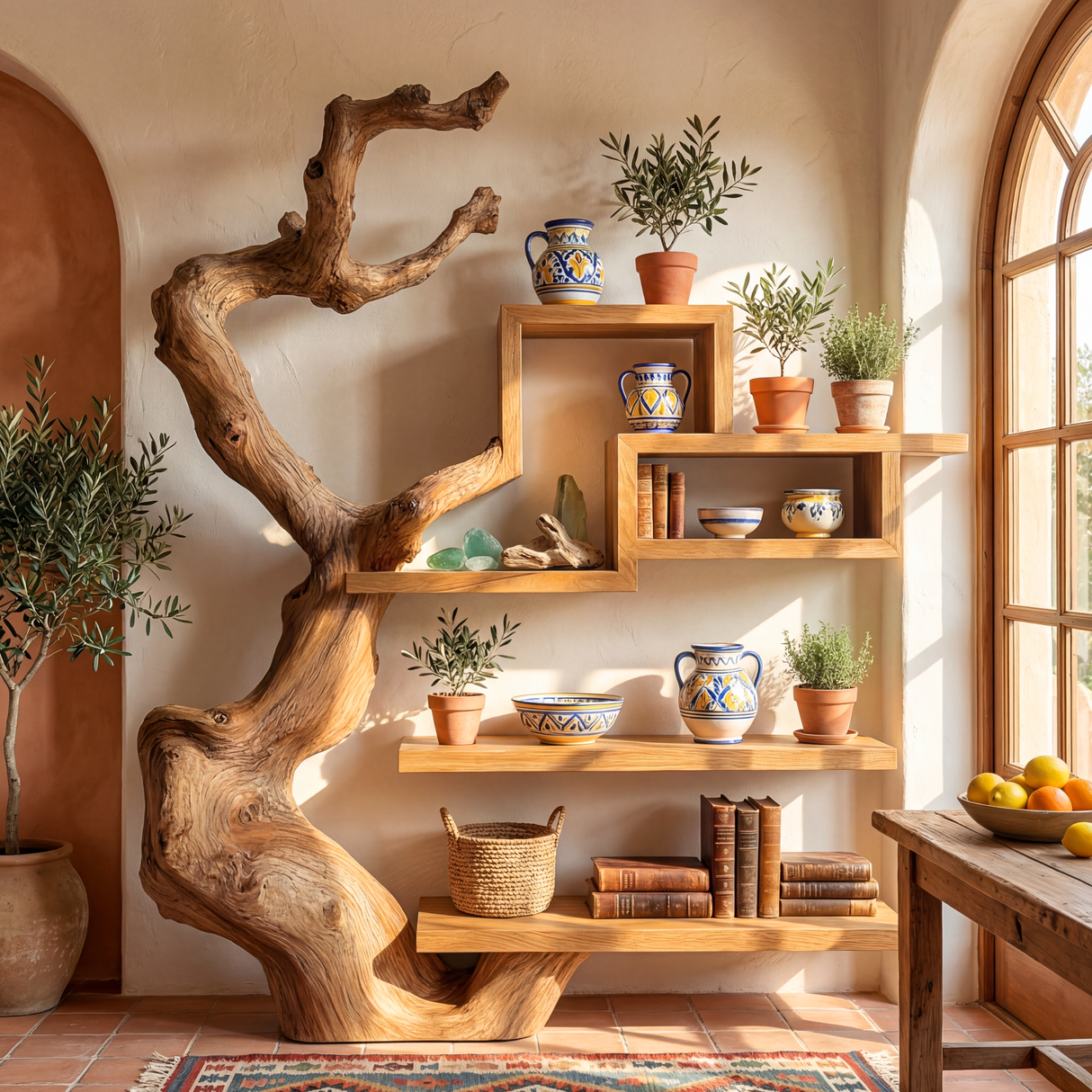 Organic Solid Wood Wall Bookshelf with Sculptural Tree Form Display Shelf
