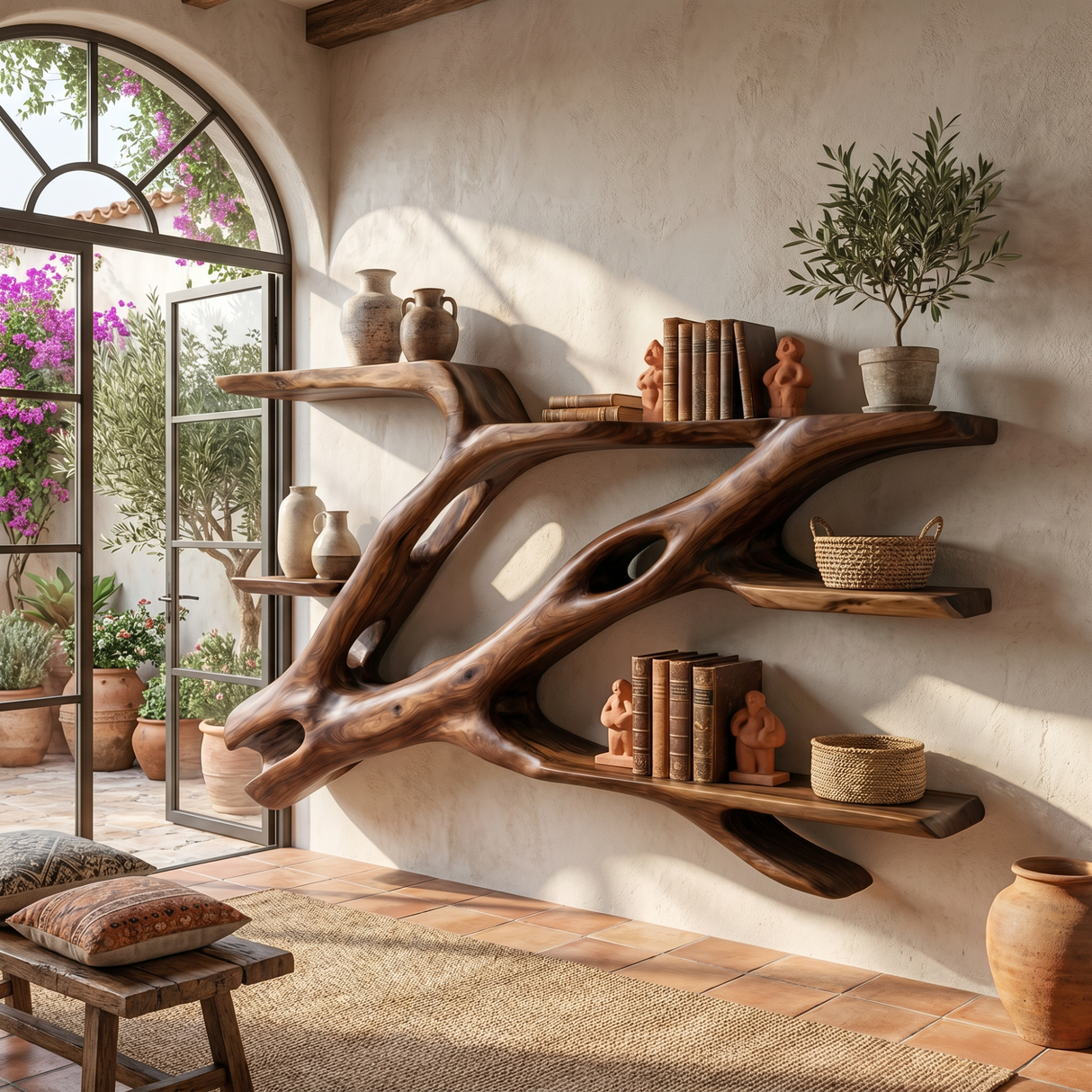 Sculptural Solid Wood Wall Bookshelf with Flowing Branch Shelves