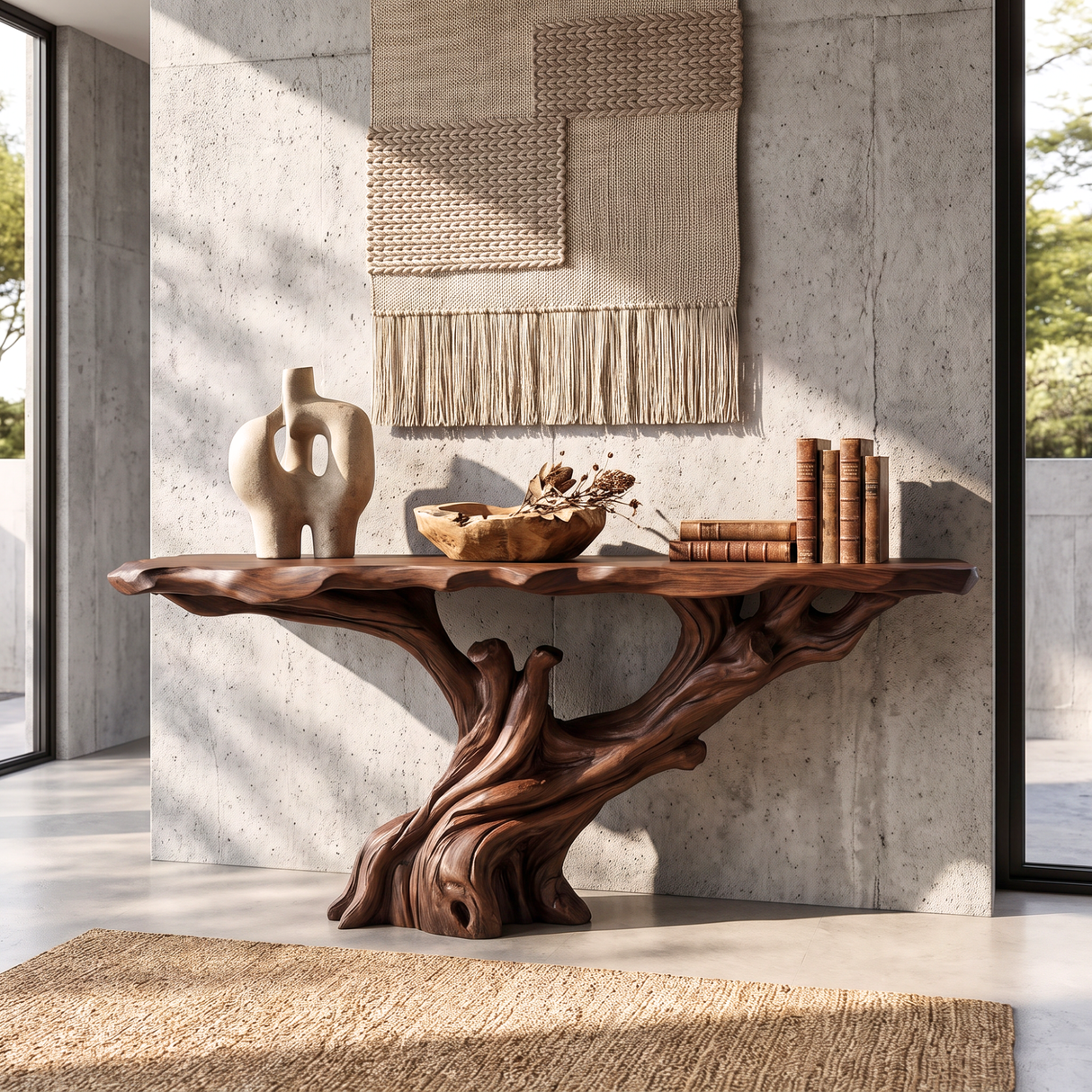 Console Table Solid Wood with Sculptural Tree Branch Base for Entryway